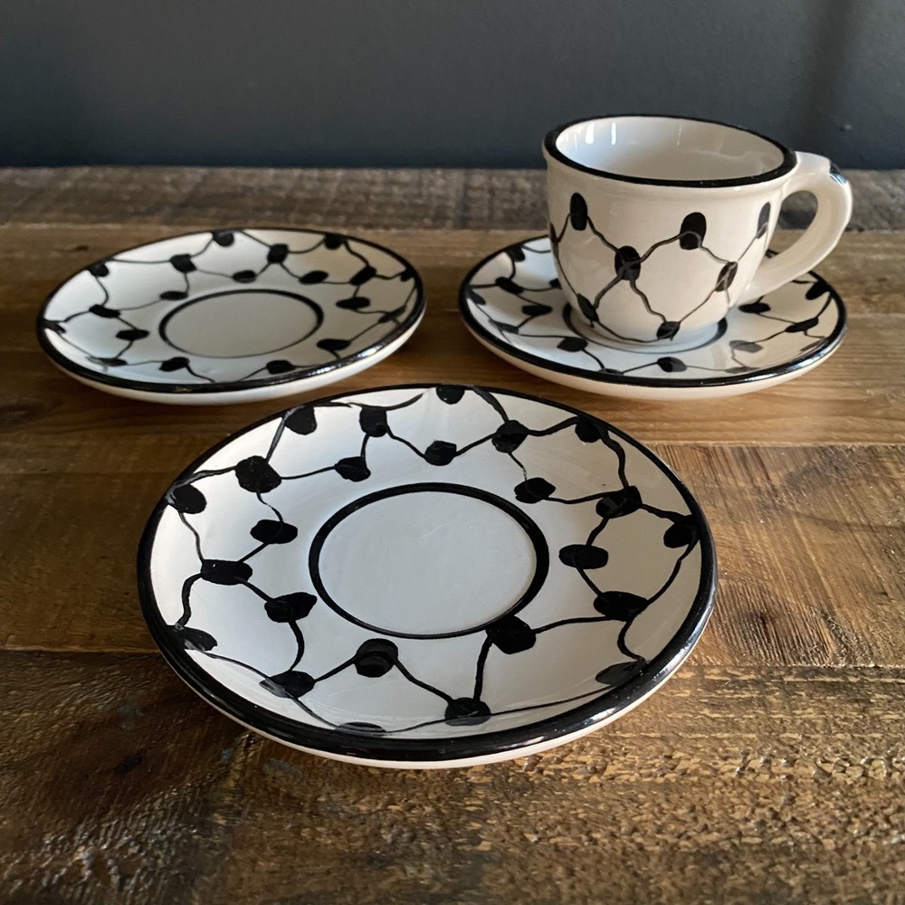 Vintage Handmade Porcelain Lattice Dot Tea Cup and 3 Saucers White Black
